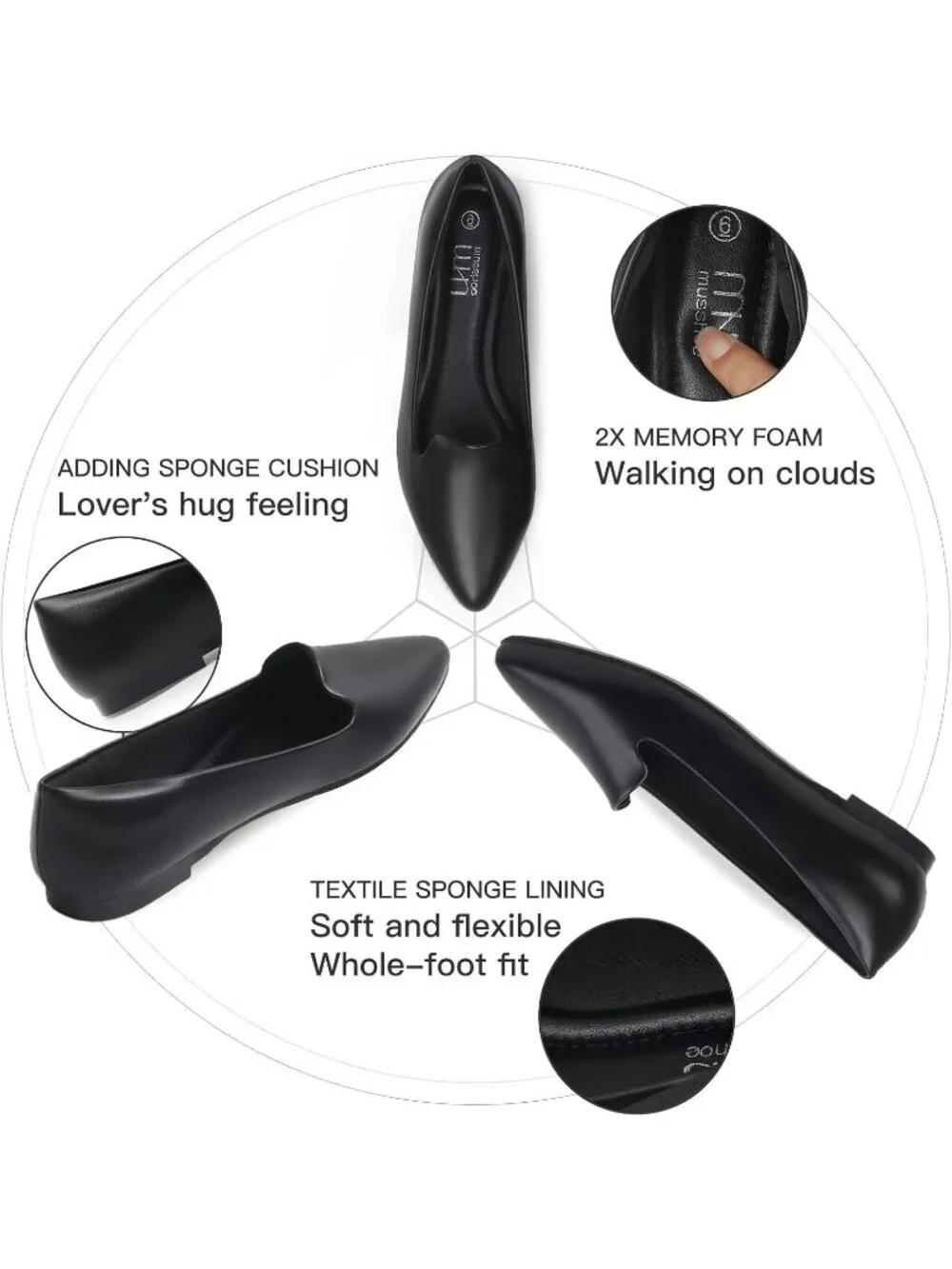 Women's Black Comfortable Pointed Toe Memory Foam Casual Work Slip On Flat Shoes